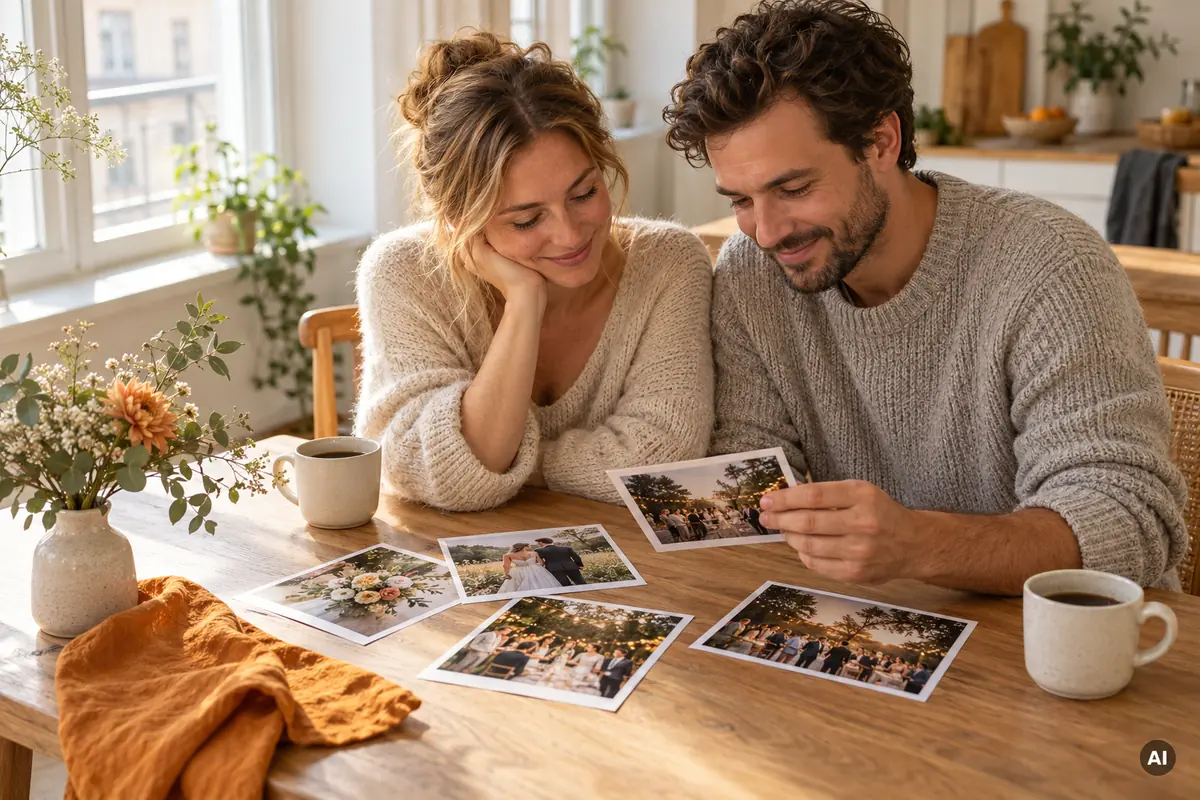 Ein Paar zu Hause, das sich gedruckte Fotos auf einem Holztisch neben Kaffeetassen ansieht.