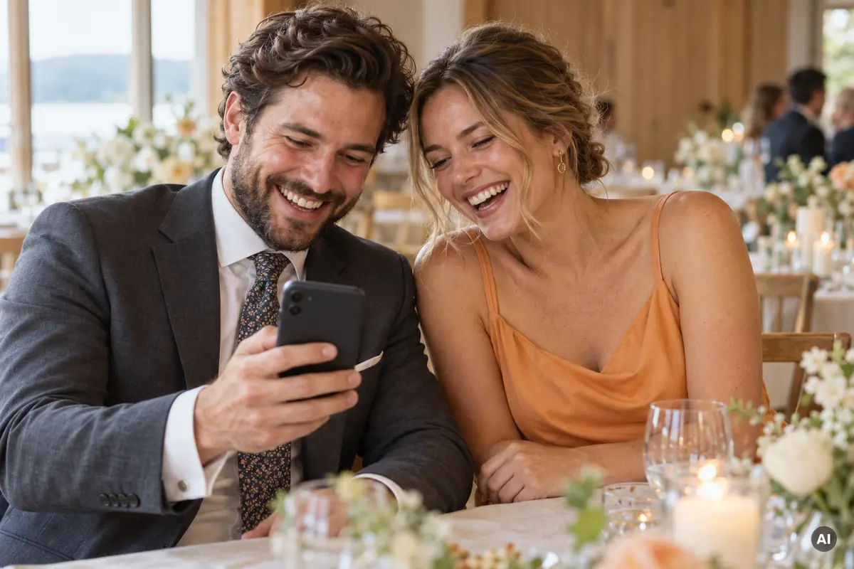 Zwei Hochzeitsgäste lachen zusammen und schauen auf ein Handy.