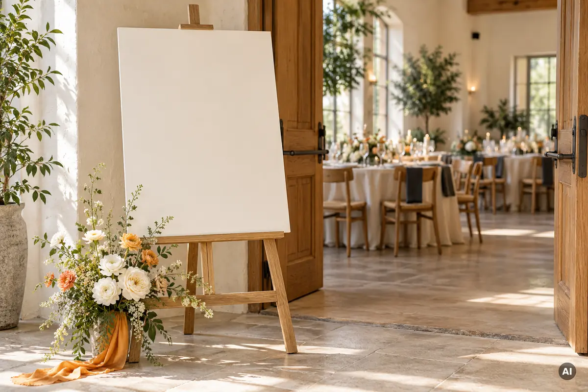 Ein leeres Schild auf einer Holzstaffelei neben Blumen am Eingang einer Hochzeitsfeier.